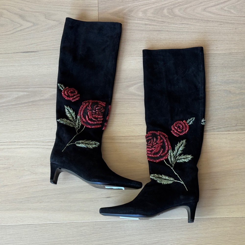 Staud  Black suede Floral embroidered Heeled Boots